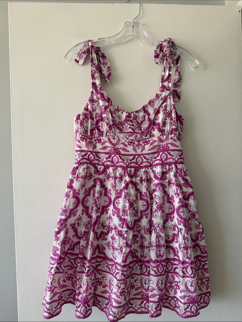 Trixxi Mediterranean Tile Print Mini Dress Purple Smocked Tie Shoulder Medium